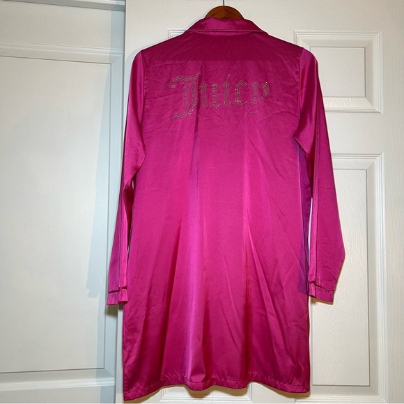 Juicy Couture Long Sleeve Satin Button Up Rhinestone Sleep Shirt Barbie Pink - Picture 4 of 7